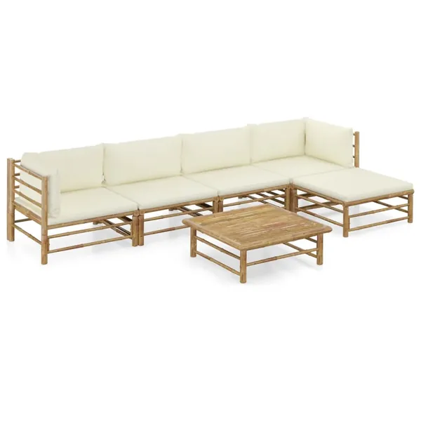 Salon de jardin 6 pcs avec coussins blanc crème bambou
