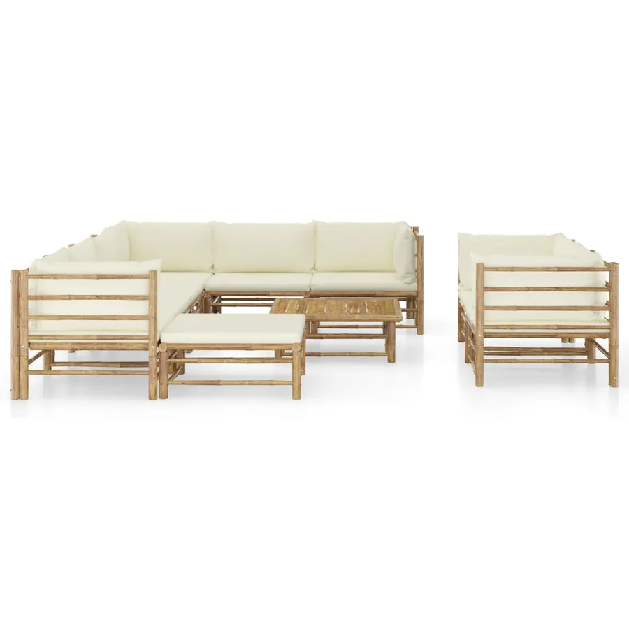 Salon de jardin 10 pcs avec coussins blanc crème bambou - 2
