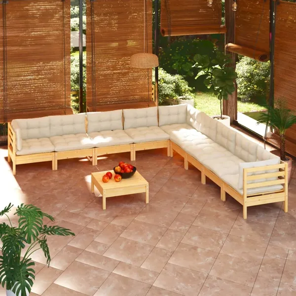 Salon de jardin 10 pcs avec coussins crème bois de pin massif