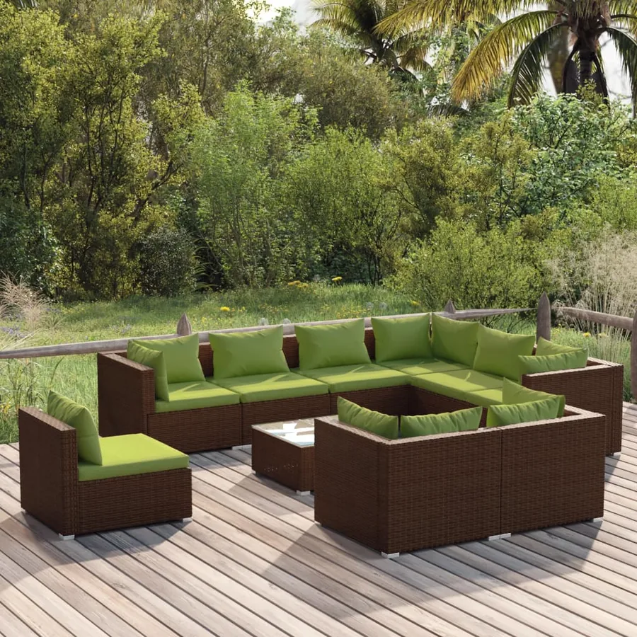 Salon de jardin 10 pcs avec coussins Résine tressée Marron