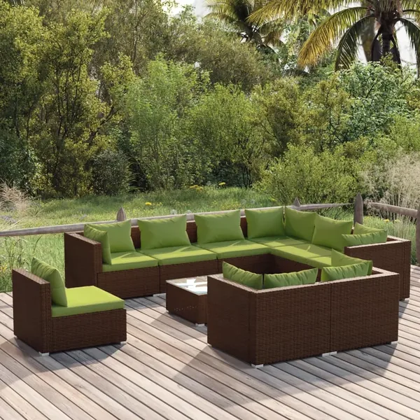 Salon de jardin 10 pcs avec coussins Résine tressée Marron