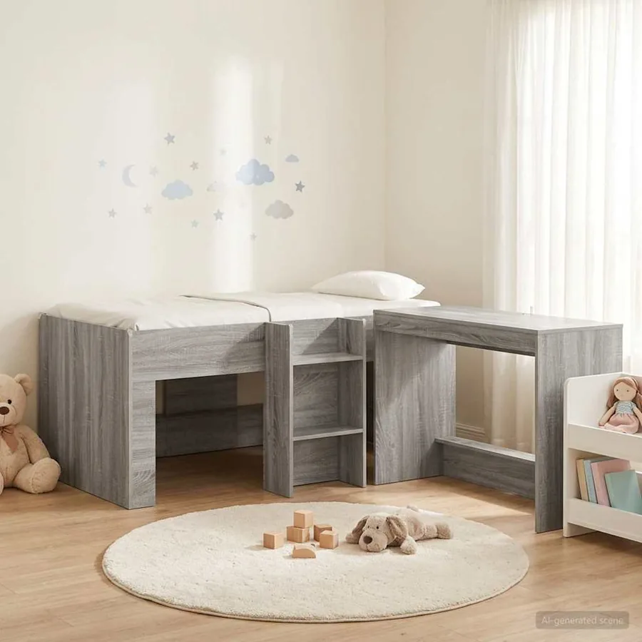 Lit haut pour enfants avec bureau 2 pc Sonoma gris