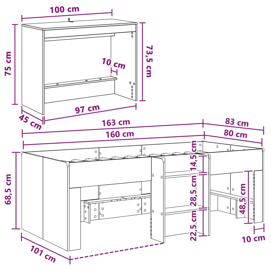 Lit haut pour enfants avec bureau 2 pc Sonoma gris - 7