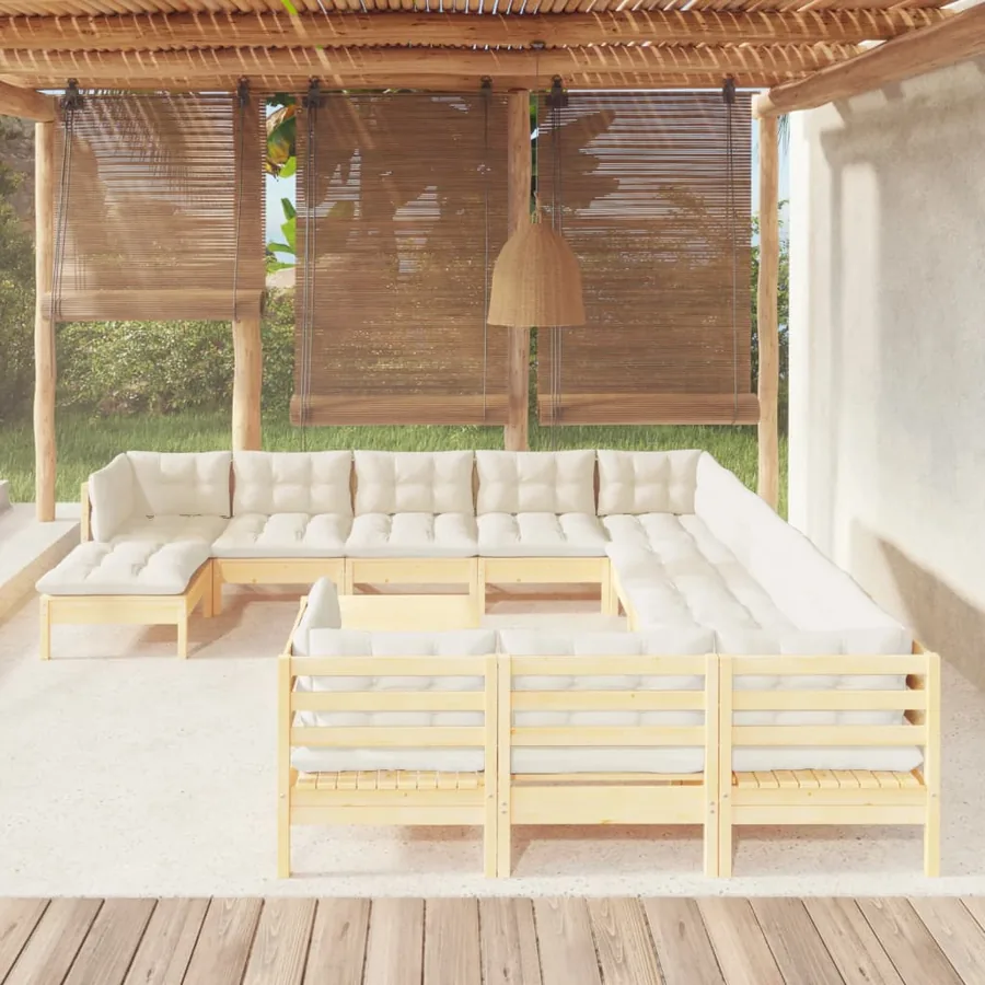 Salon de jardin 13 pcs avec coussins crème bois de pin