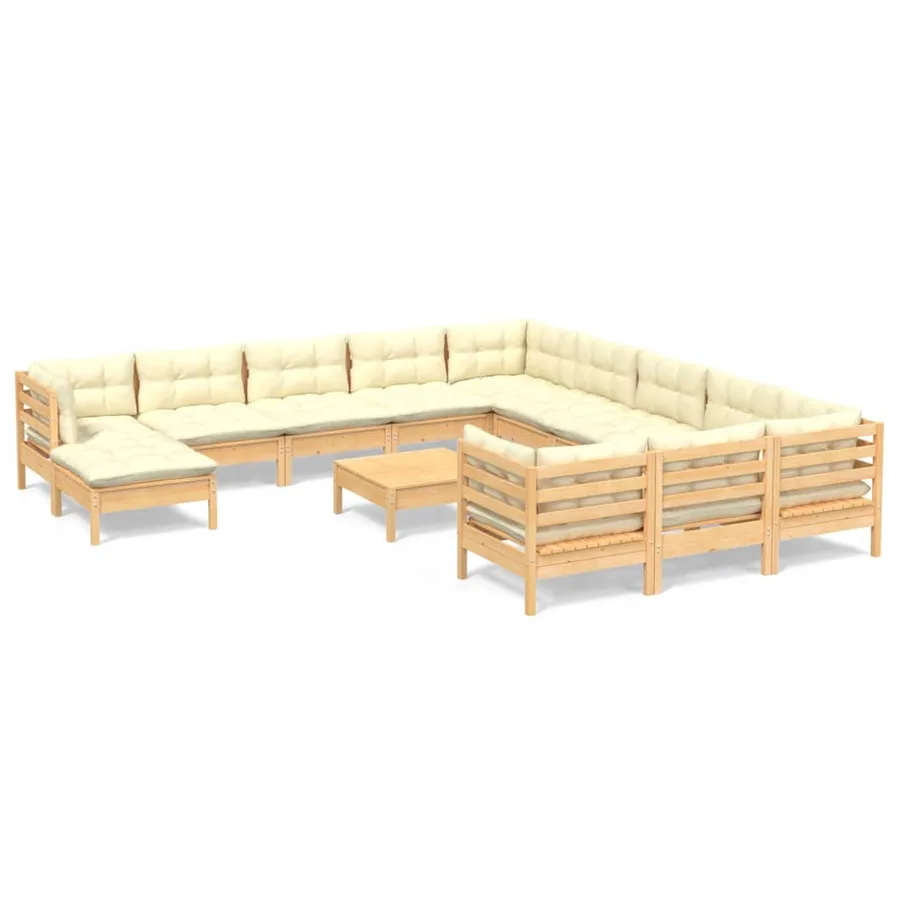 Salon de jardin 13 pcs avec coussins crème bois de pin - 2