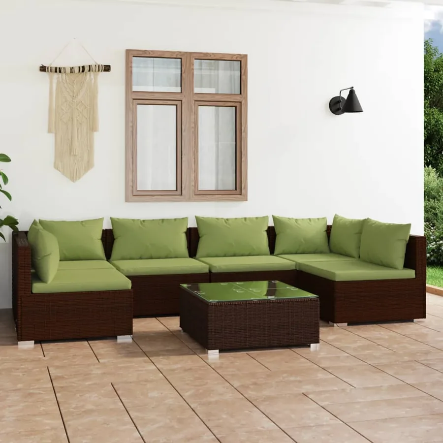 Salon de jardin 7 pcs avec coussins Résine tressée Marron