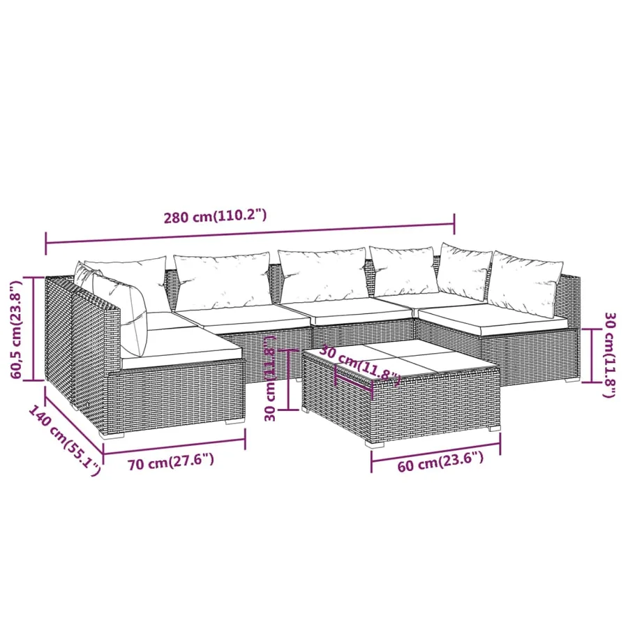 Salon de jardin 7 pcs avec coussins Résine tressée Marron - 9