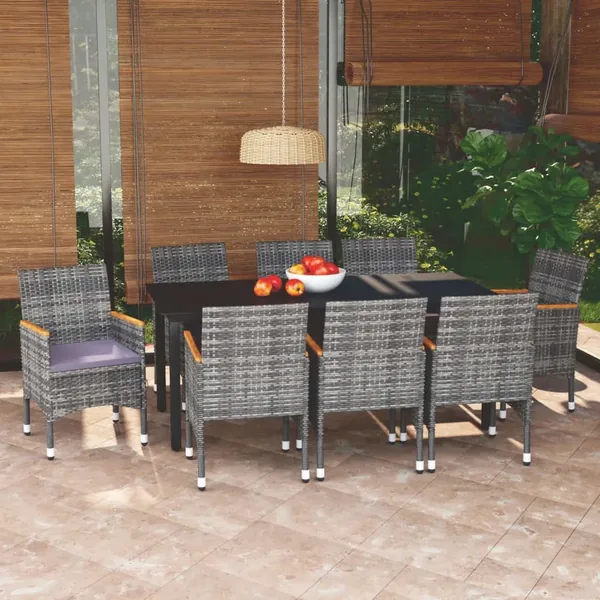 Garden Dining Set with Cushions 9 pcs Poly Rattan Grey