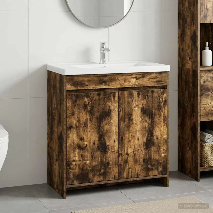 Meuble sous lavabo de salle de bain Chêne fumé