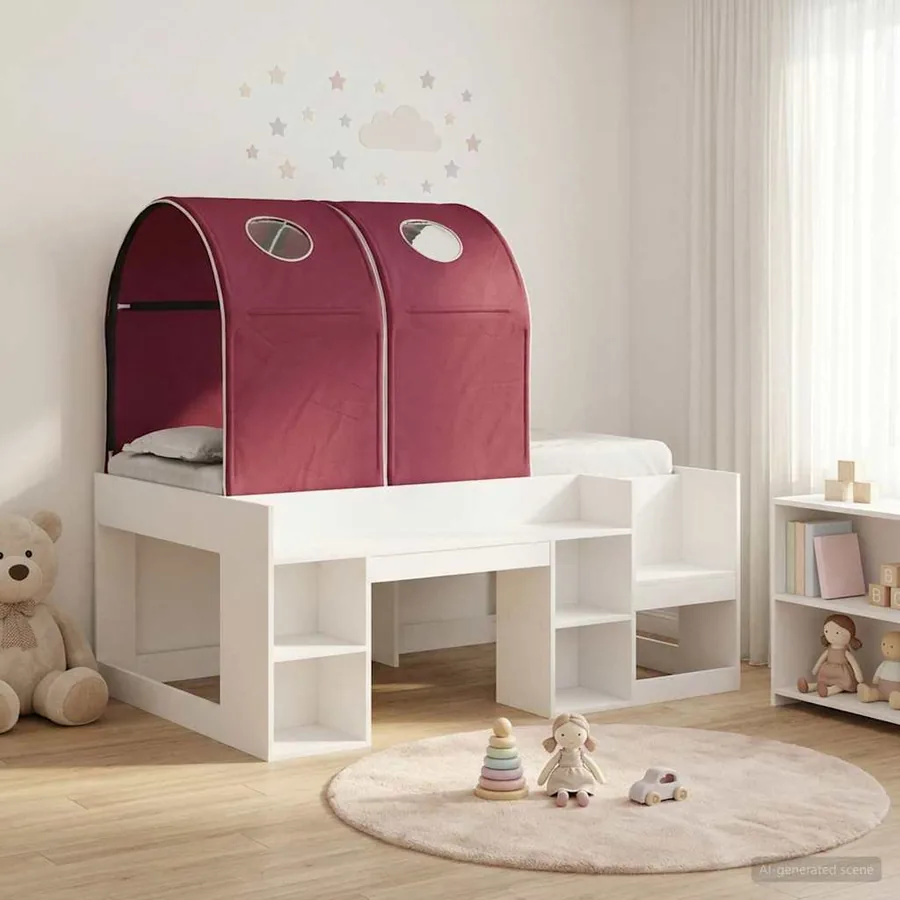Lit avec Tunnel 3 pc Blanc et rouge Bois d'ingénierie