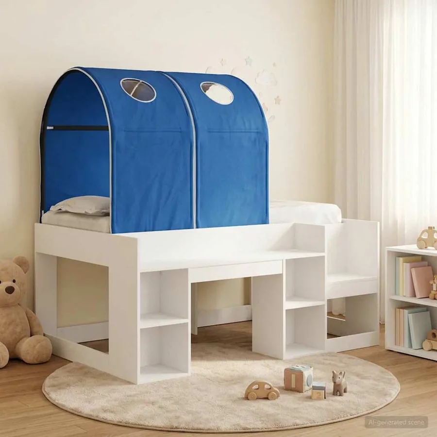Lit avec Tunnel 3 pc Blanc et bleu Bois d'ingénierie