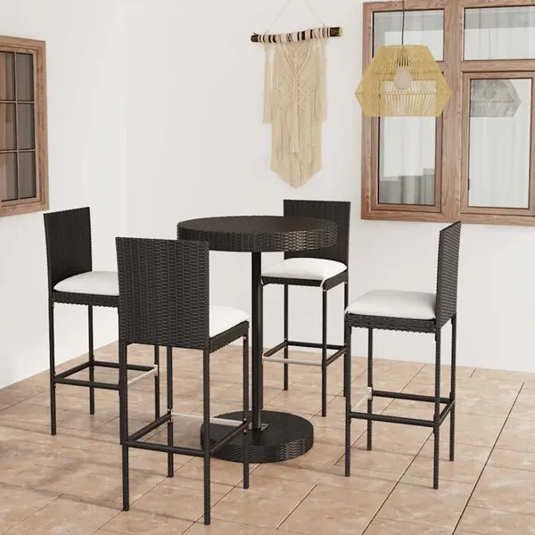 Ensemble de bar de jardin 5 pcs et coussins Résine tressée Noir