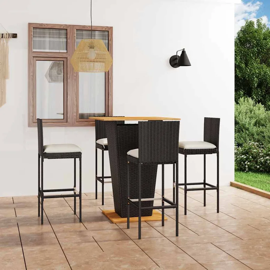 Ensemble de bar de jardin 5 pcs et coussins Résine tressée Noir