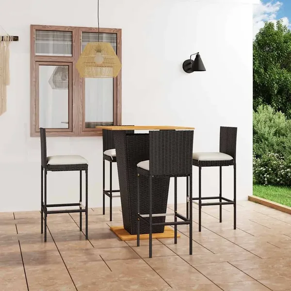 Ensemble de bar de jardin 5 pcs et coussins Résine tressée Noir