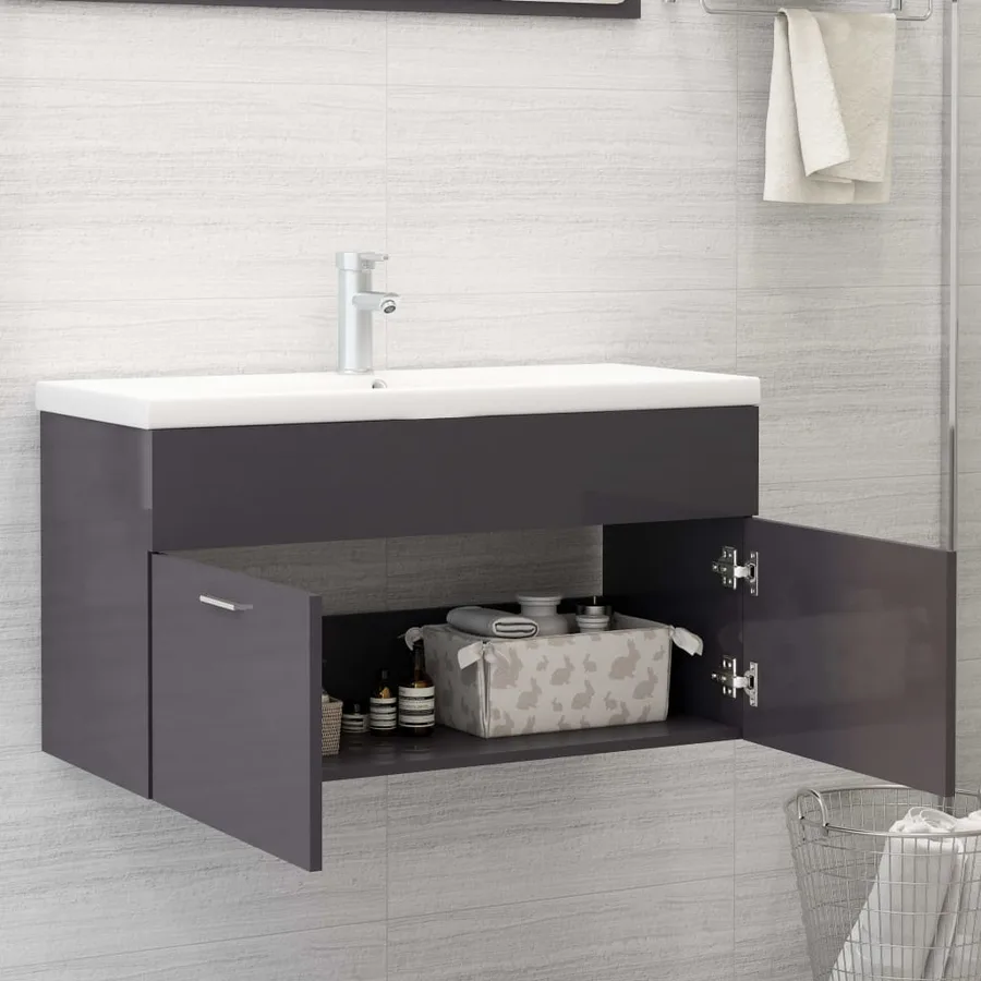 Armoire d'évier et lavabo intégré Gris brillant Bois ingénierie - 3