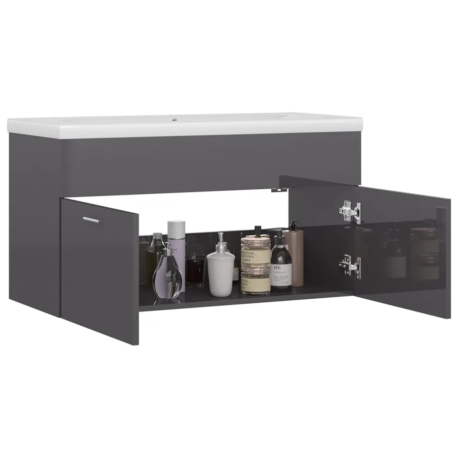 Armoire d'évier et lavabo intégré Gris brillant Bois ingénierie - 4