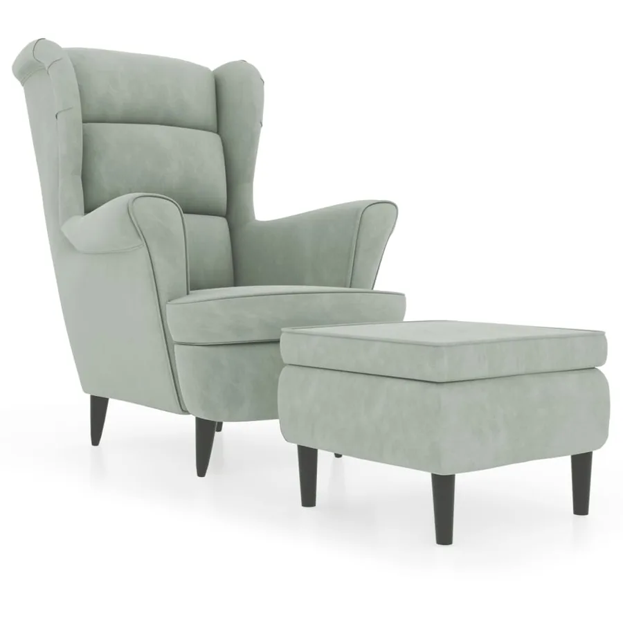 Fauteuil à oreilles avec tabouret gris clair velours - 2