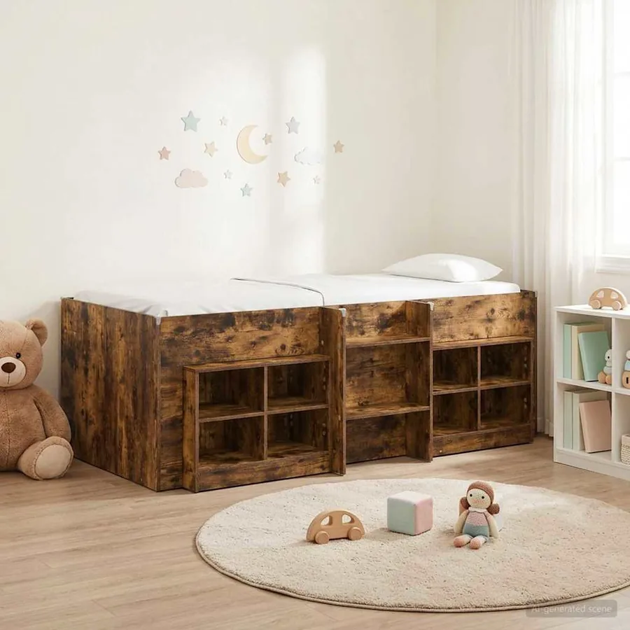 Cadre de lit en loft avec armoire avec étagère 3 pc Chêne fumé