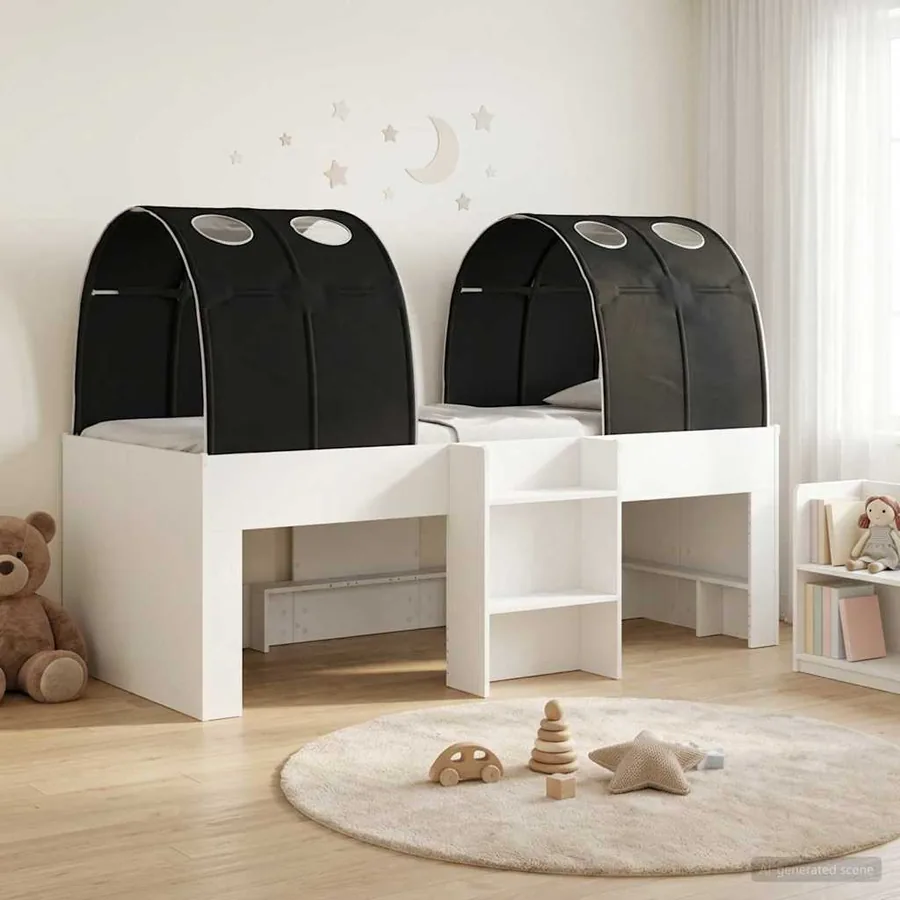Lit avec Tunnel 4 pcs Blanc et noir Bois d'ingénierie