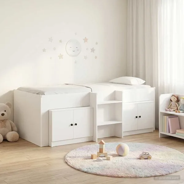 Cadre de lit en loft avec armoire 3 pc Blanc Bois d'ingénierie