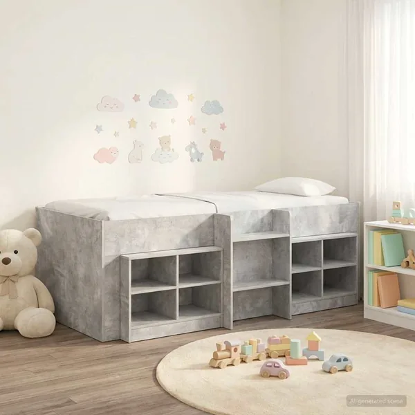 Cadre de lit en loft avec armoire avec étagère 3 pc Gris béton