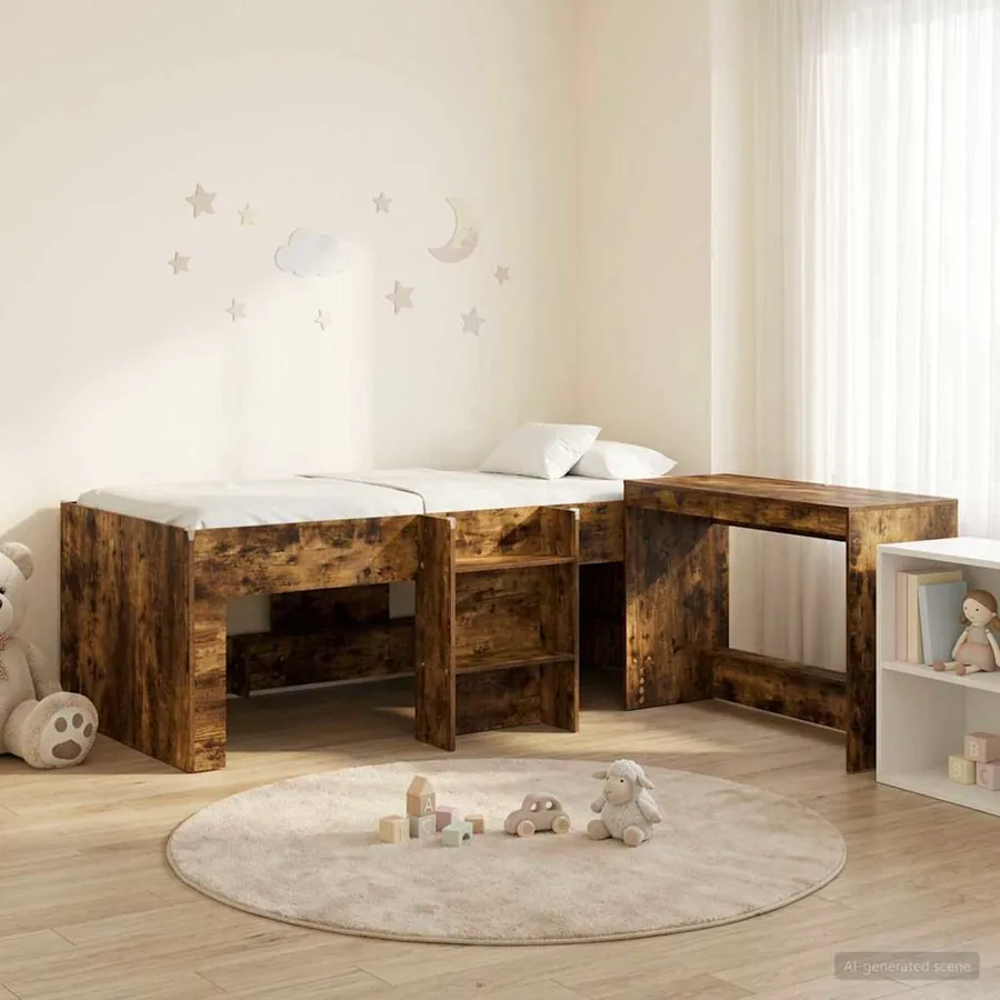 Cadre de Lit avec Bureau 2 pc Chêne fumé Bois d'ingénierie