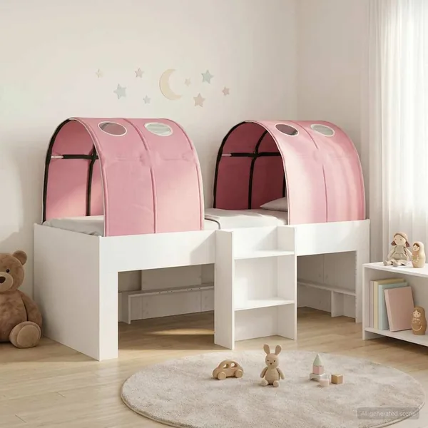 Lit avec Tunnel 3 pc Blanc et rose Bois d'ingénierie