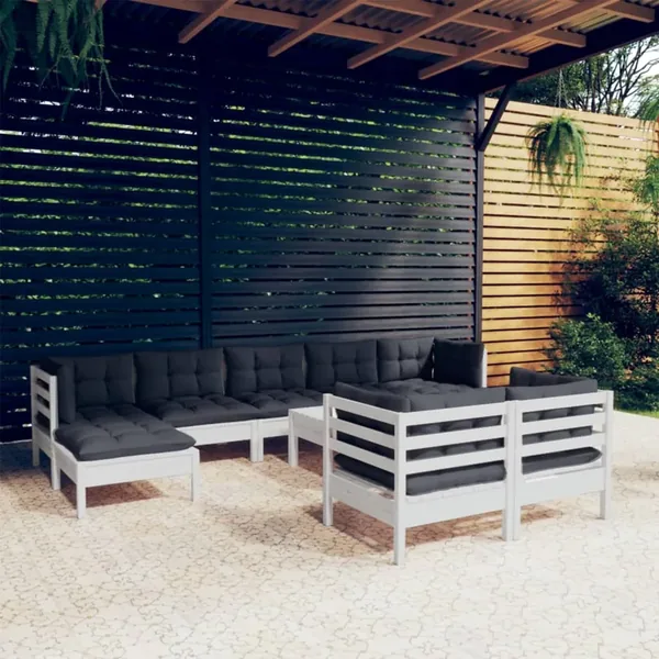 Salon de jardin 10 pcs avec coussins blanc bois de pin massif