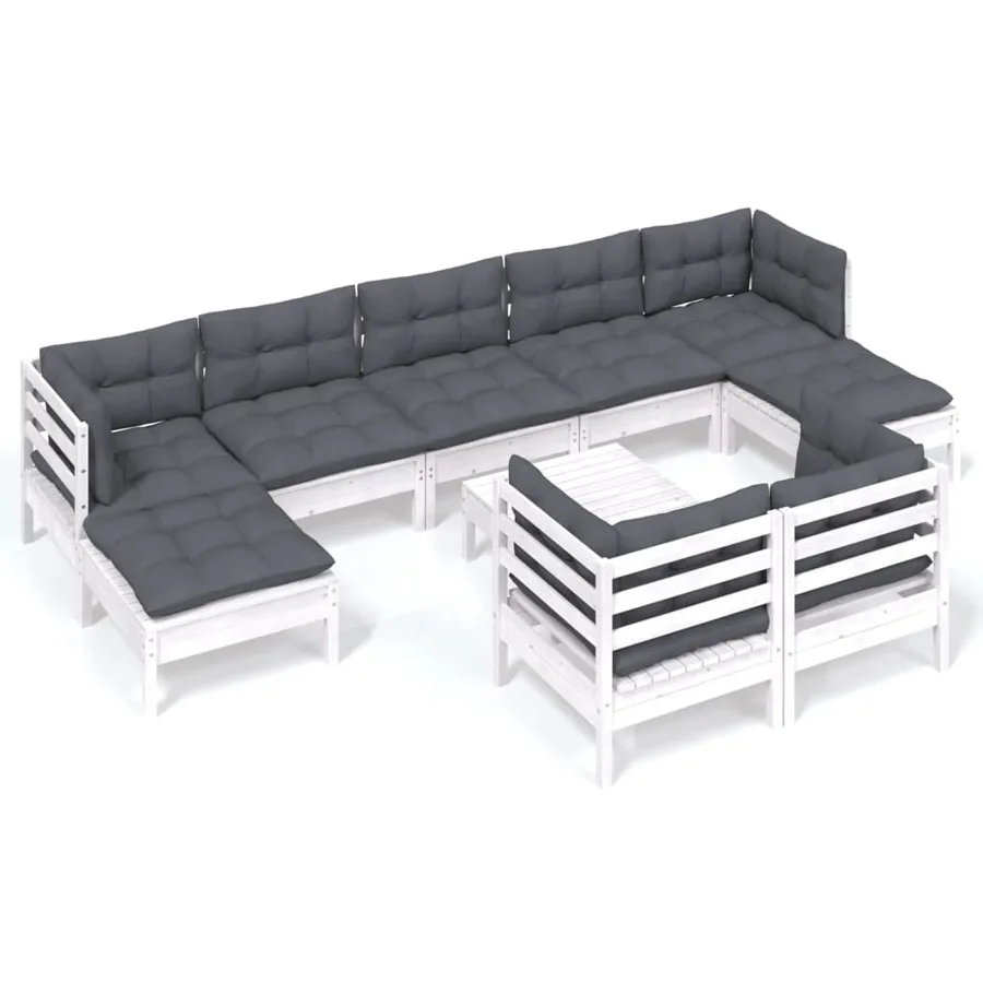 Salon de jardin 10 pcs avec coussins blanc bois de pin massif - 2