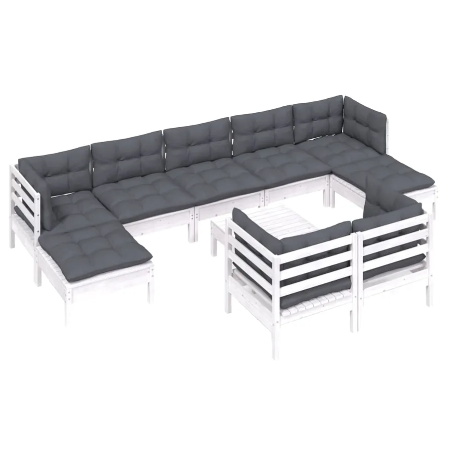 Salon de jardin 10 pcs avec coussins blanc bois de pin massif - 3