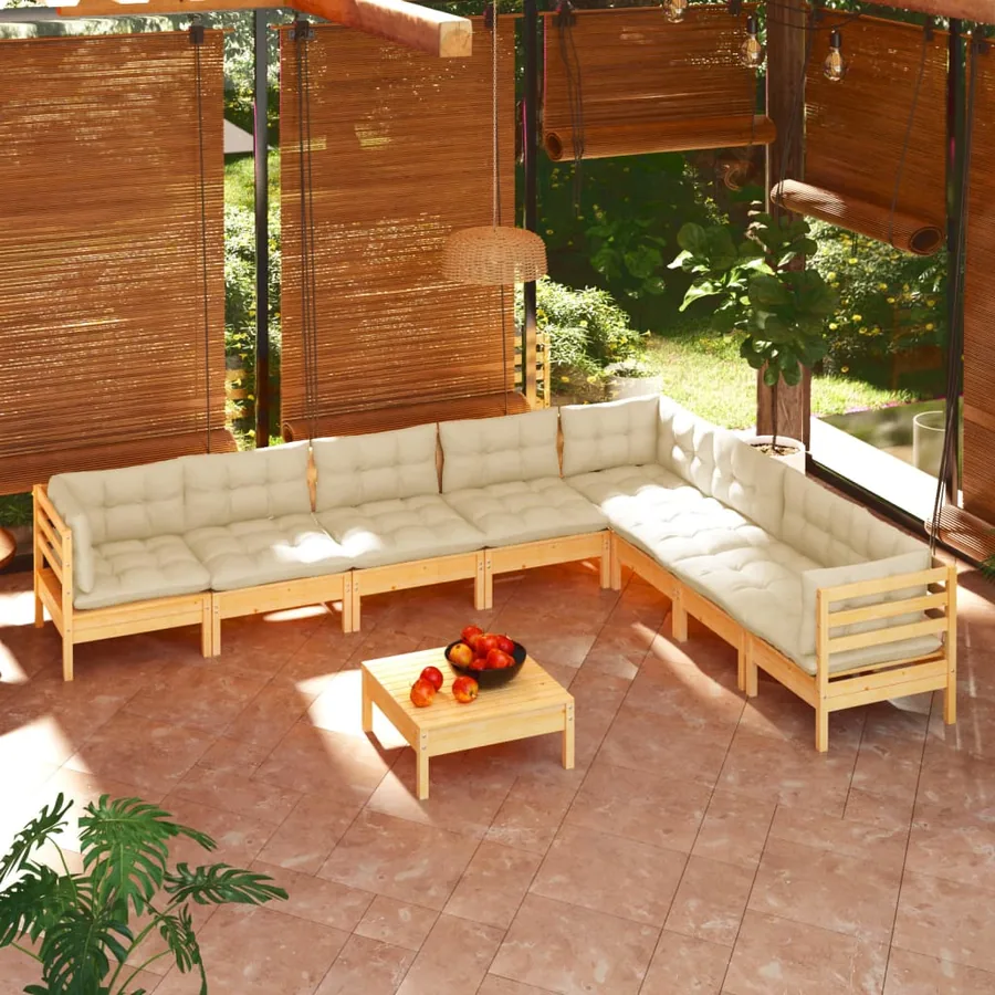 Salon de jardin 9 pcs avec coussins crème bois de pin massif