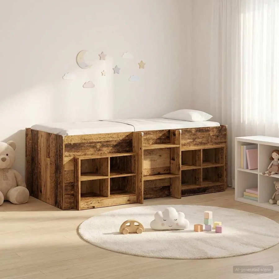 Cadre de lit en loft avec armoire avec étagère 3 pc Bois ancien