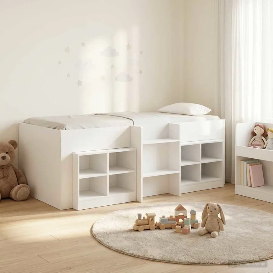 Cadre de lit en loft avec armoire 3 pc Blanc Bois d'ingénierie