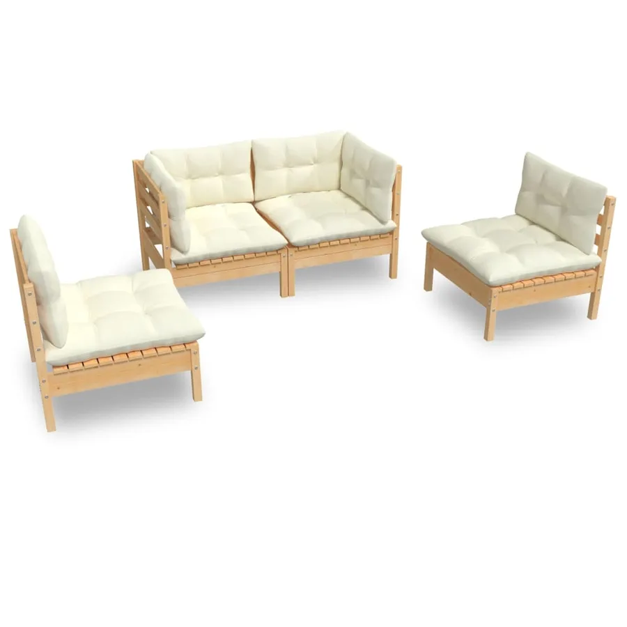 Salon de jardin 4 pcs avec coussins crème Bois de pin massif - 2