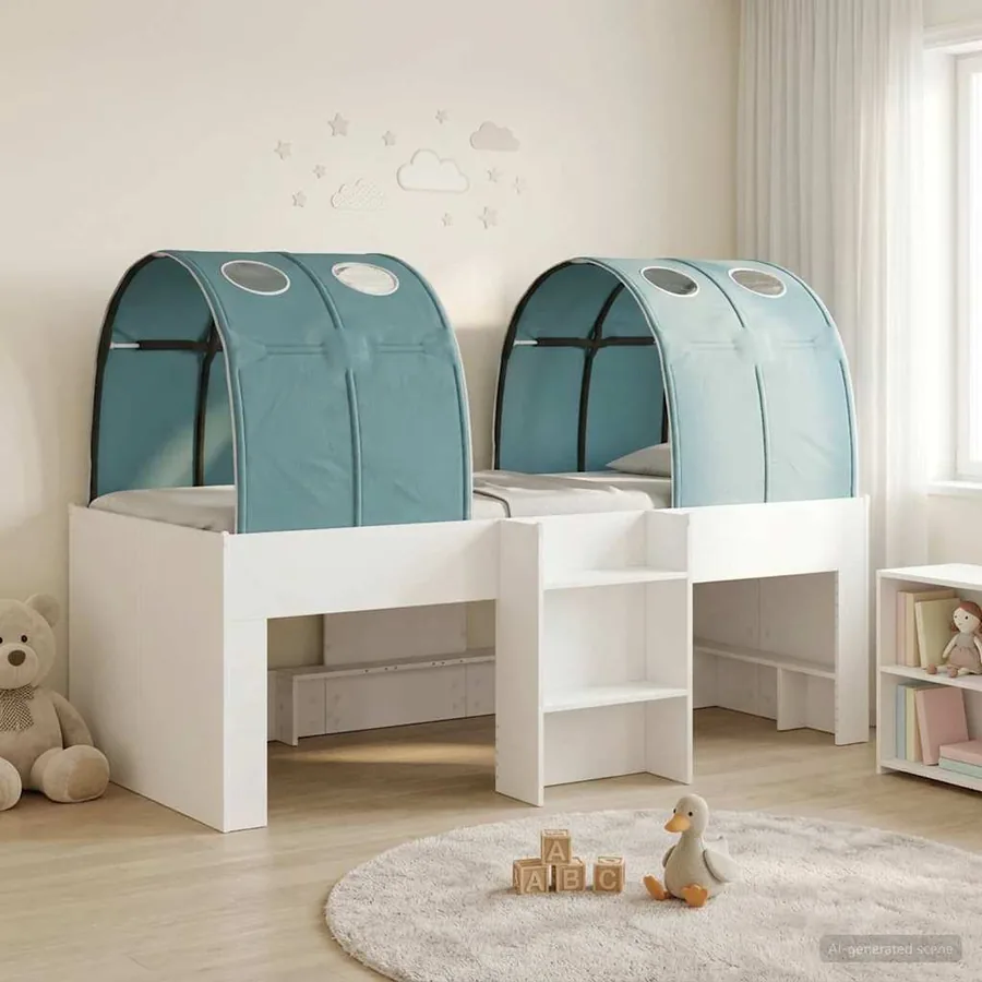 Lit Haut pour Enfants avec Tunnel 3 pc Blanc et bleu clair