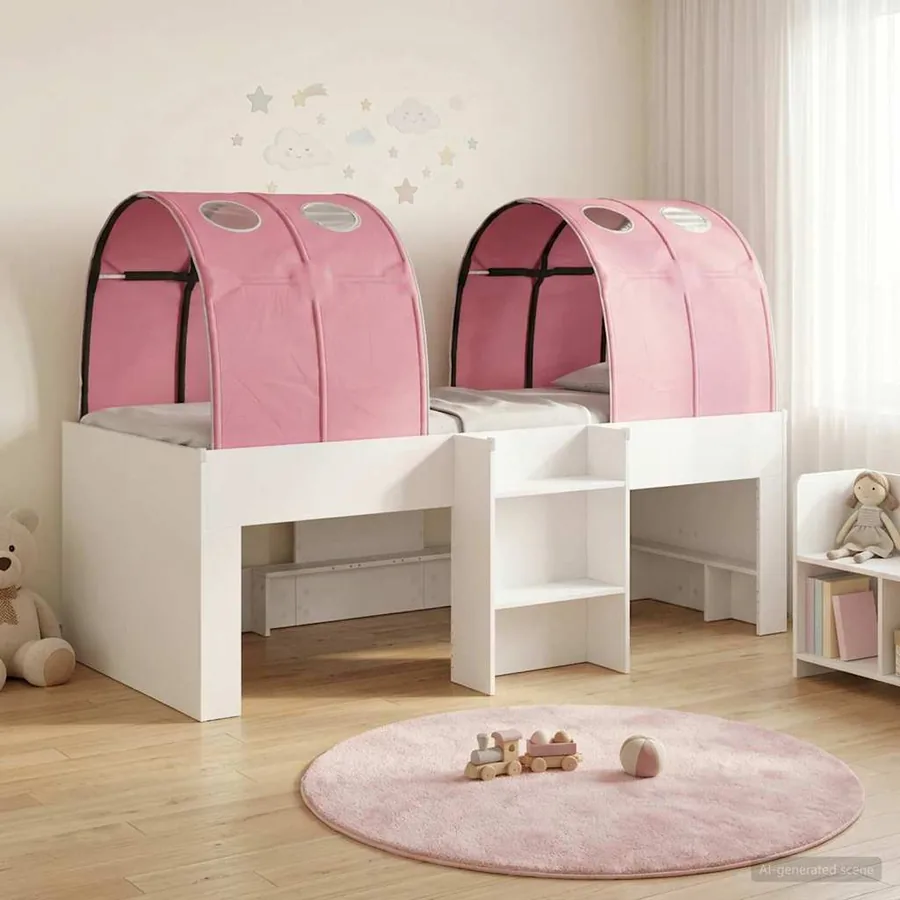Lit Haut pour Enfants avec Tunnel 3 pc Blanc et rose