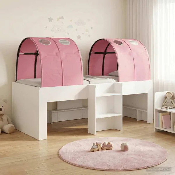 Lit Haut pour Enfants avec Tunnel 3 pc Blanc et rose