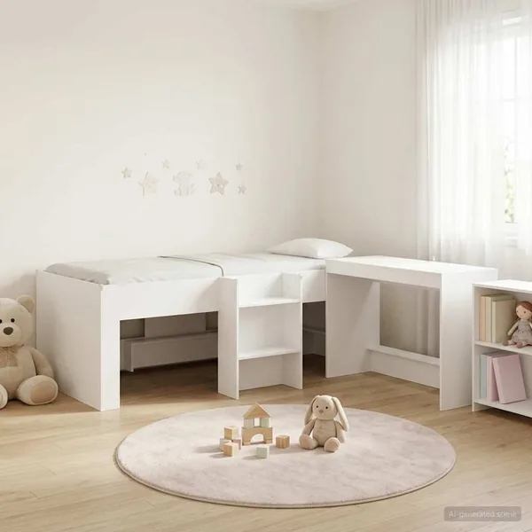 Cadre de Lit avec Bureau 2 pc Blanc Bois d'ingénierie