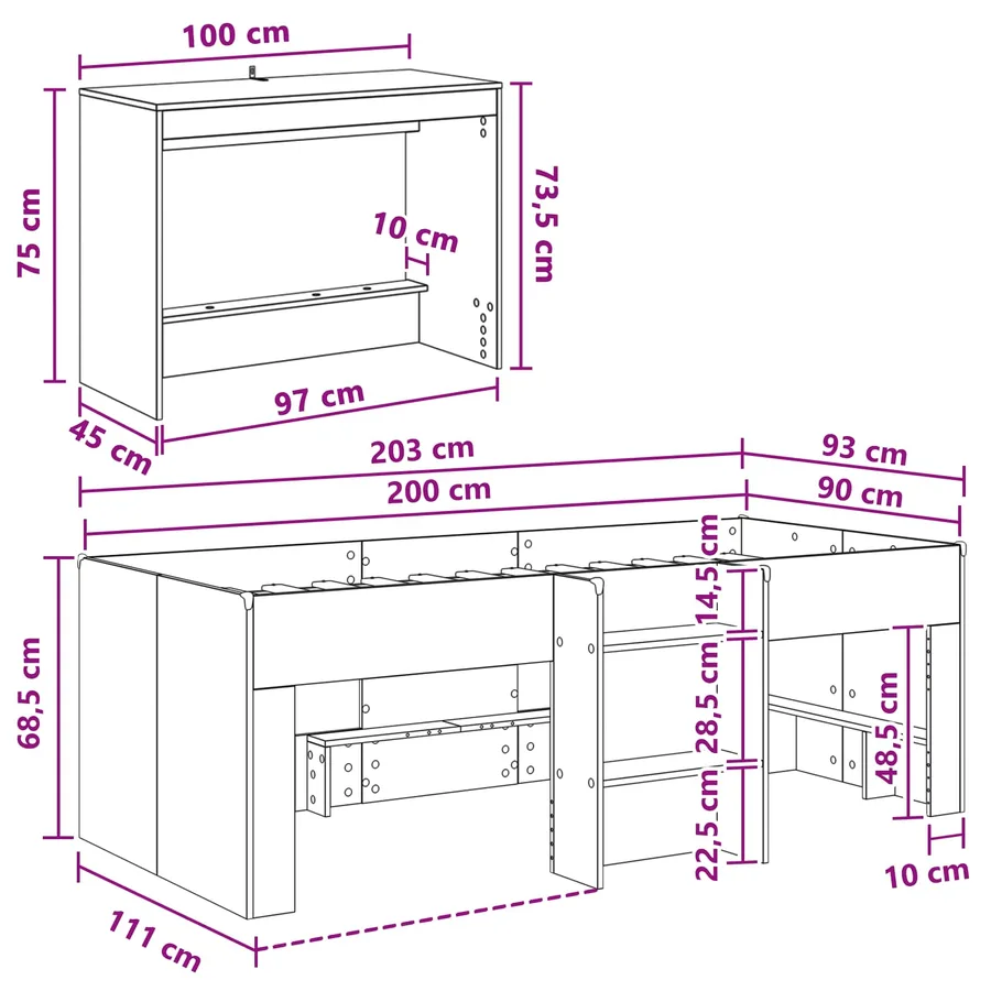Cadre de Lit avec Bureau 2 pc Blanc Bois d'ingénierie - 7
