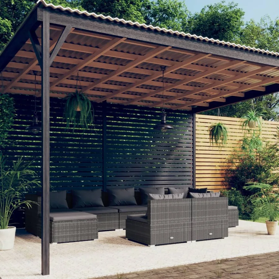 Garden Lounge Set 9 pcs with Cushions Grey Poly Rattan
