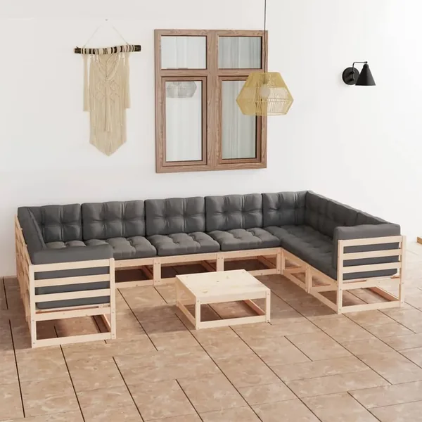 Garden Lounge Set 10 pcs with Cushions Solid Pine Wood