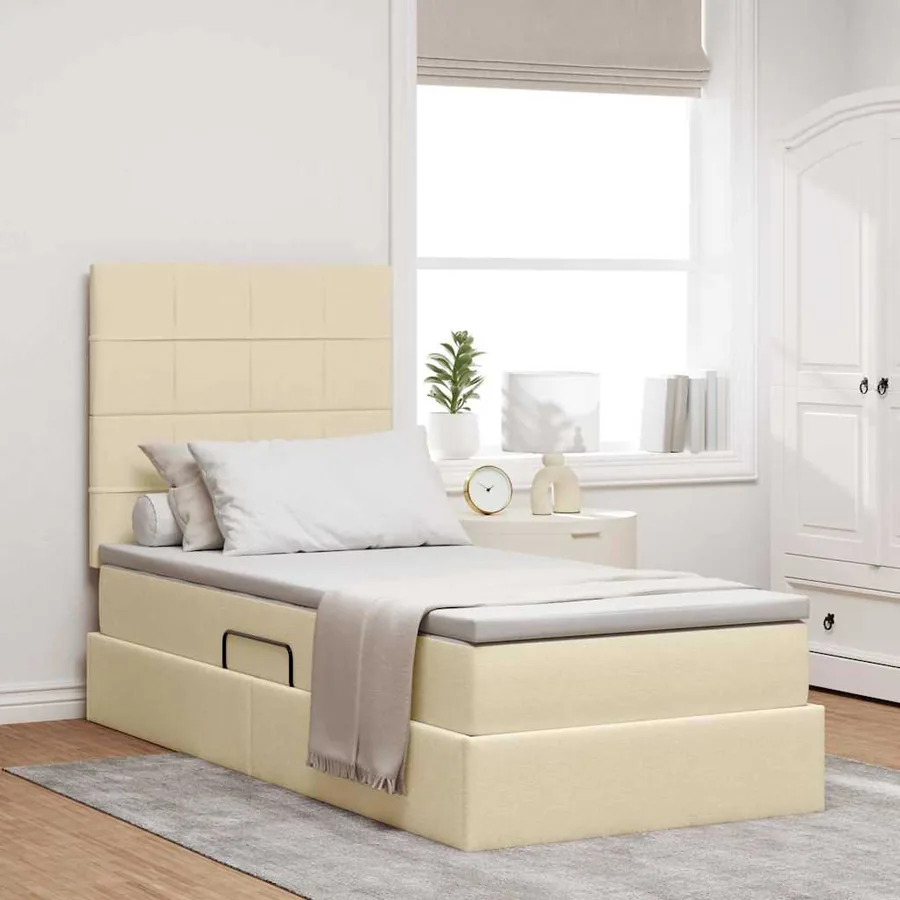 Lit avec rangement et matelas Crème 90 x 200 cm tissu