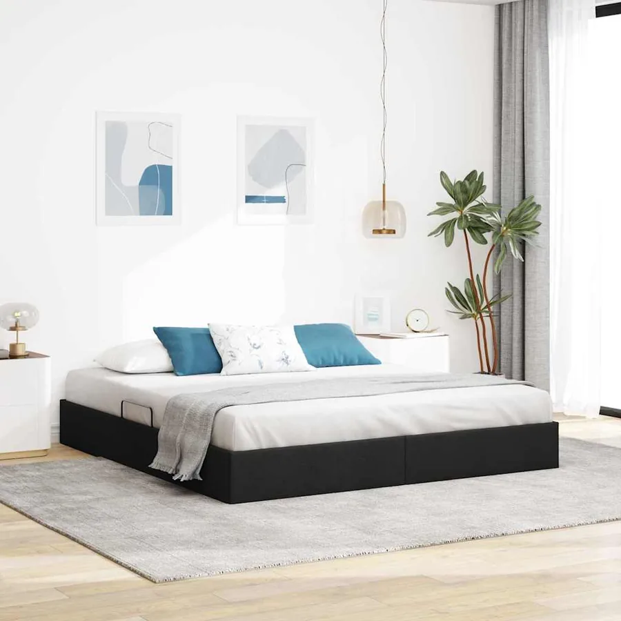 Lit de Rangement avec stockage Noir 180 x 200 cm Tissu