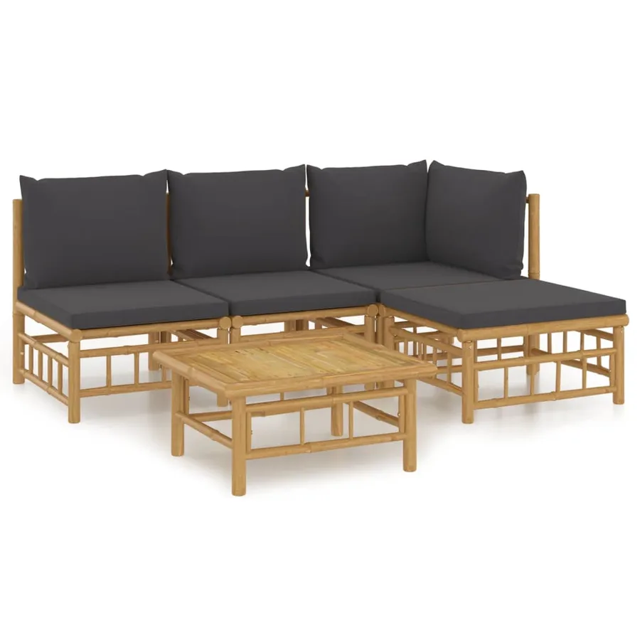 Salon de jardin 5 pcs avec coussins gris foncé bambou - 2