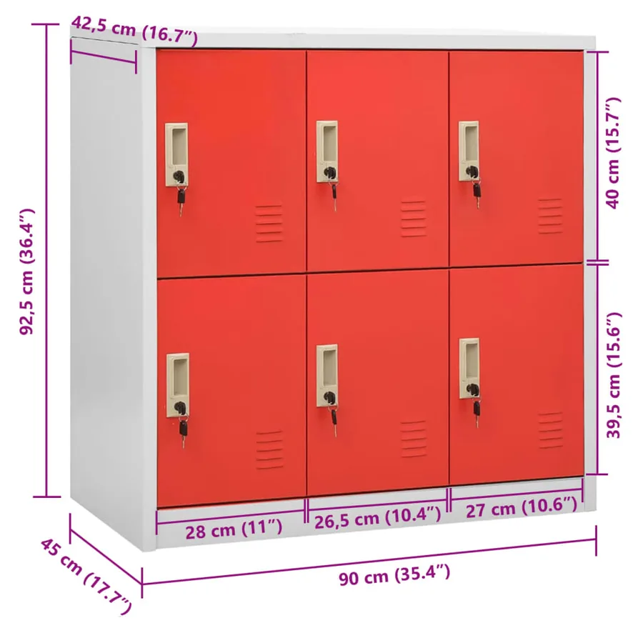 Locker cabinet light grey and red 90x45x92.5 cm steel - 8