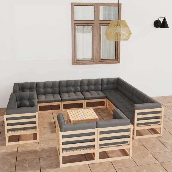 Salon de jardin 13 pcs avec coussins Bois de pin massif