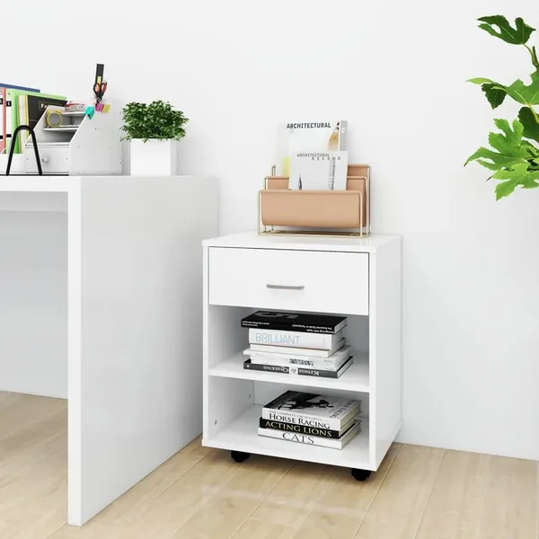 Storage cabinet with castors white 46x36x59 cm engineered wood
