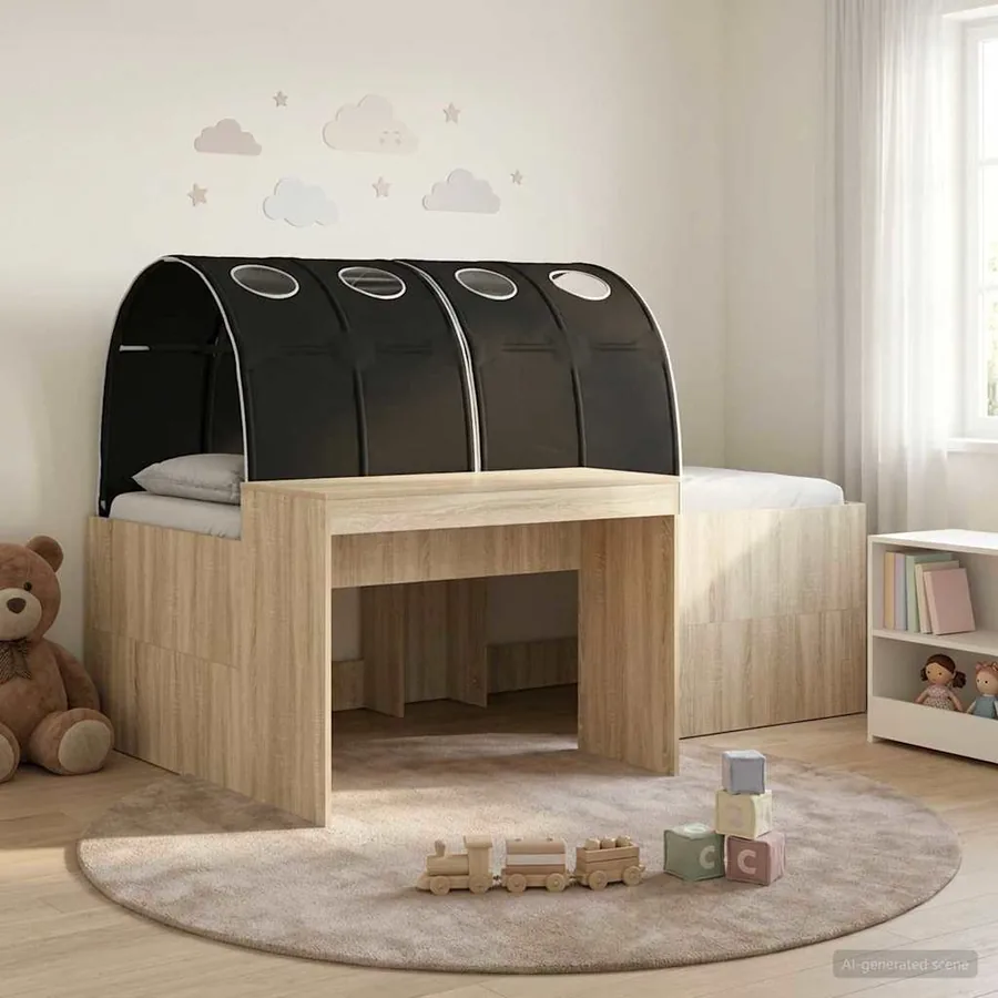 Lit avec Tunnel 3 pc Chêne Artisanal et Noir Bois d'ingénierie