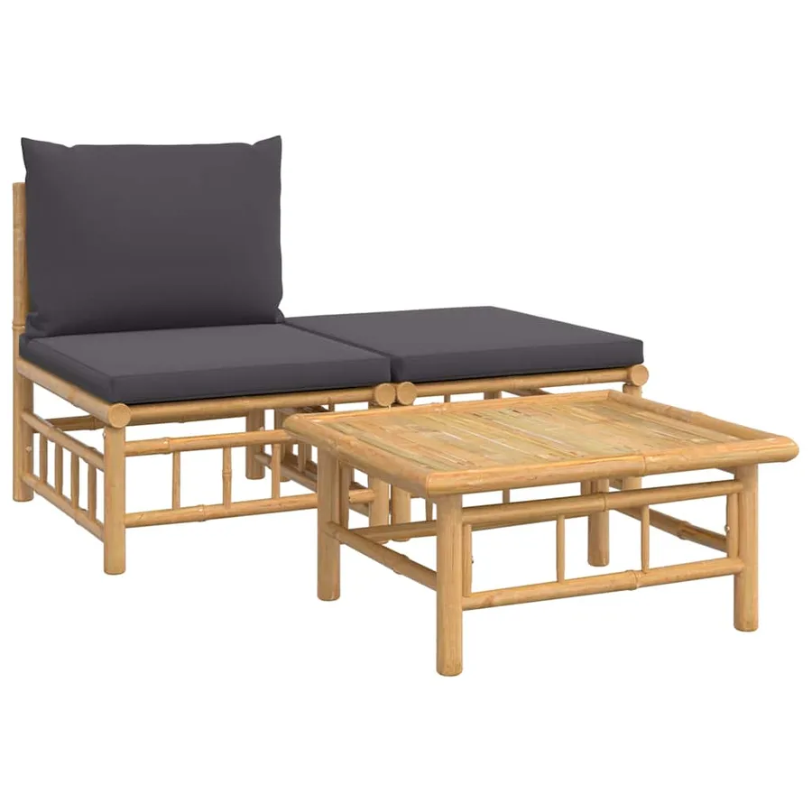 Salon de jardin 3 pcs avec coussins gris foncé bambou - 2