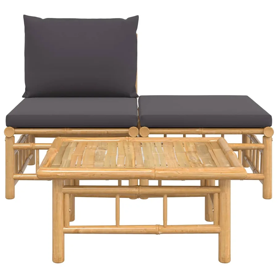 Salon de jardin 3 pcs avec coussins gris foncé bambou - 3